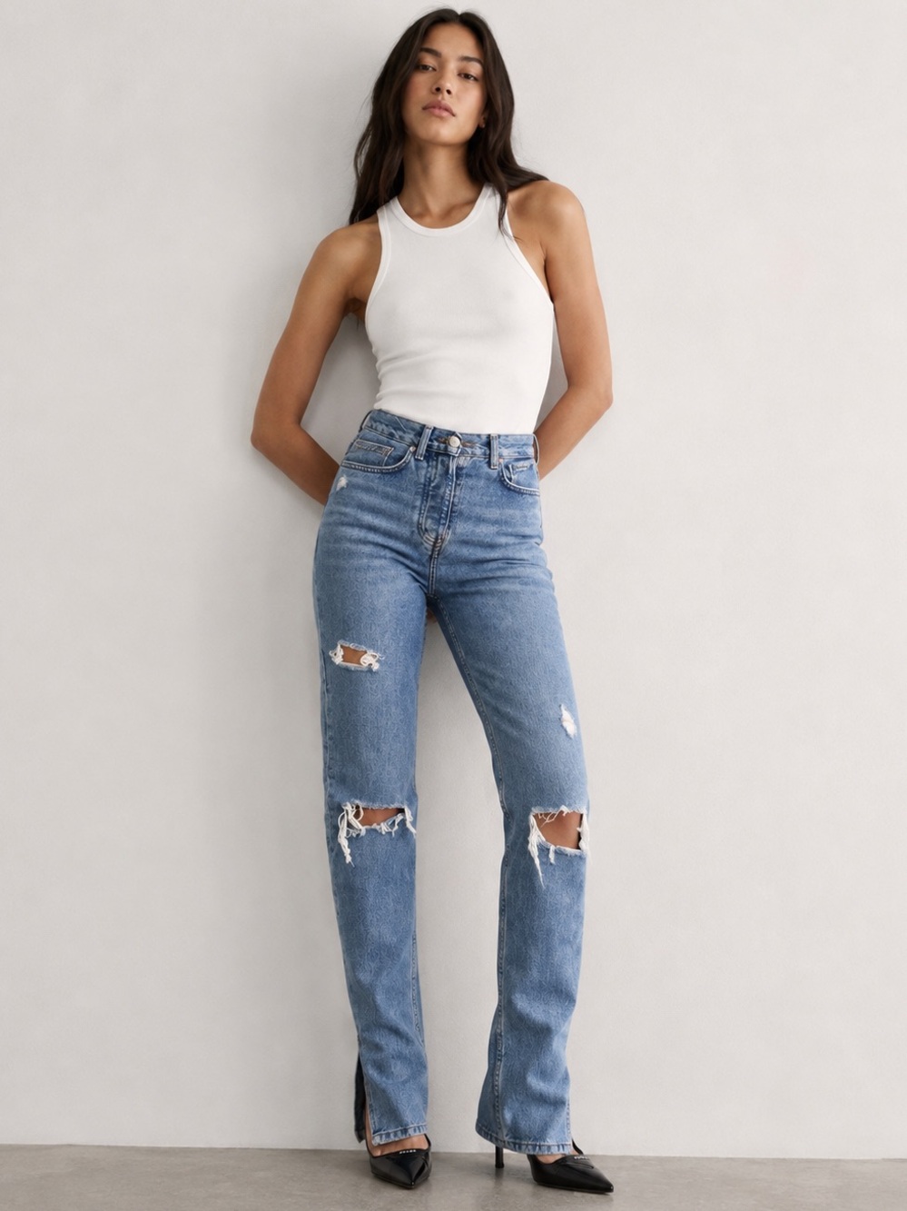 High Waist Side Slit Washed Distressed Jeans